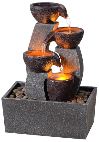 GOSSI Tabletop Water Fountain with LED Lights, Indoor Waterfall Fountain with Cascading Bowls and Pebbles, Small Desk Fountain for Home Office Decor