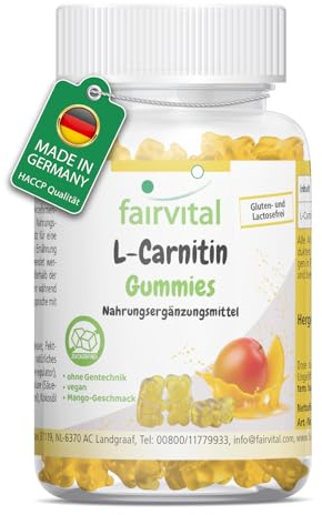Fairvital | Gominolas L-carnitina - 60 unidades - 1000mg por dosis diaria - Sabor a mango - Alta dosis - 100% veganas + sin azúcar - Calidad comprobada - Fabricadas en Alemania