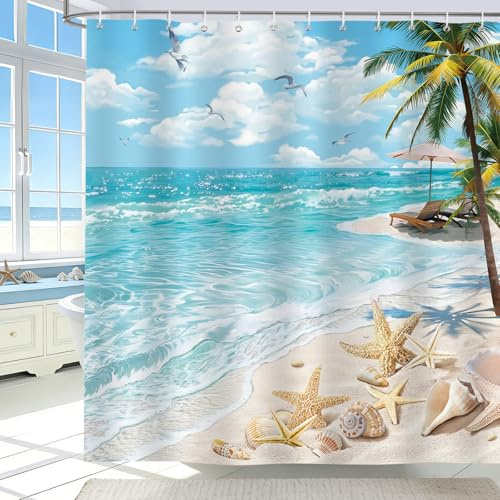 hometrixx Ozean Meer Duschvorhang 180 x 200 cm Sommer Strand Blauer Himmel Tropische Pflanzen Muschel Seestern Polyester Badezimmervorhang für Dusche Bad Wasserdicht Maschinenwaschbar mit 12 Ringe