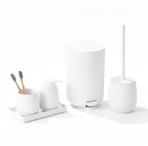 IlGruppone Set Accessori Bagno 6 Pezzi in ABS Completo – Pattumiera con Pedale, Scopino WC, Dispenser Sapone, Porta Spazzolini, Bicchiere e Vassoio Antiscivolo Design Moderno e Resistente - Bianco
