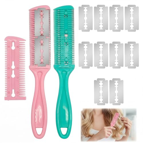 Peine Con Cuchilla, Virtud De Doble Cara Cortador De Puntas Abiertas Cabello, Navaja Barbero Para Uso En Peluquerías Salones De Belleza y Cortes De Cabello En El Hogar (rosa y verde)