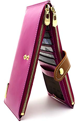 ANDOILT Mujer Cuero Genuino Billetera RFID Bloqueo Tarjeta de Crédito Poseedor Cremallera Carteras Teléfono Celular Bolsa Rosa Rojo