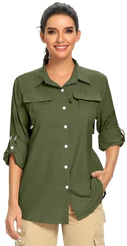 Jessie Kidden Womens Safari Shirts Sun Protection Sun Clothes for Women Outdoor Quick Dry Fishing Hiking Gardening Shirts (5055 Army Green XL)