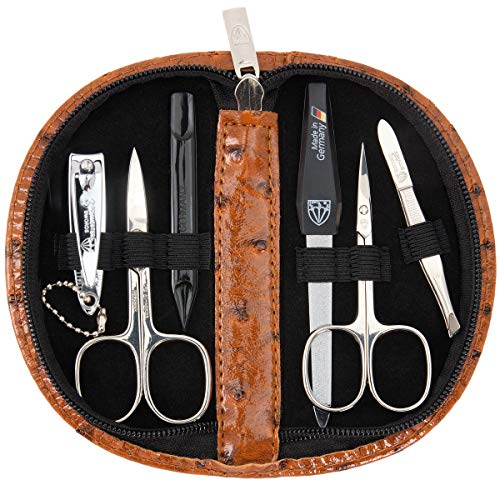 DREI SCHWERTER Germany Maniküreset Nagel Set 'Pescara' - 6-tlg. Nagelschere, Hautschere, Nagelknipser, Saphirnagelfeile, Nagelreiniger, Pinzette, Farbe cognac Straussoptik