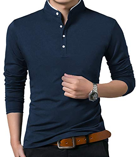 Mens Performance Vintage T-Shirt Slim Fit Muscle Fit Long Sleeve Polo Cotton Fashion Basic Grandad Collarless T Shirt Blue, M