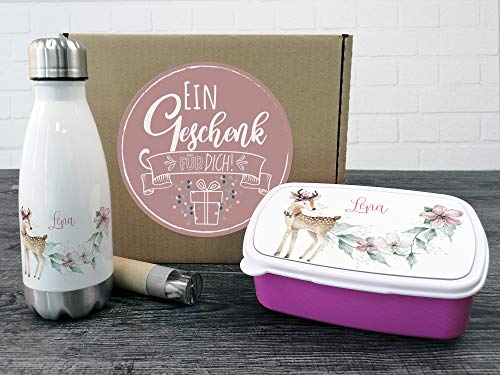 GRAZDesign Brotdose und Trinkflasche Set für Mädchen Rehkitz personalisiert Wasserflasche Edelstahl 350ml | Geschenk zur Einschulung