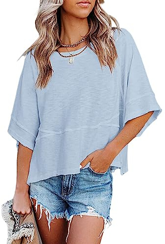 Sovelen Women's Summer Casual Crewneck Batwing Half Sleeve T-Shirts Solid Color Loose Fit Cute Basic Flowy Tops Tees Blouses Blue