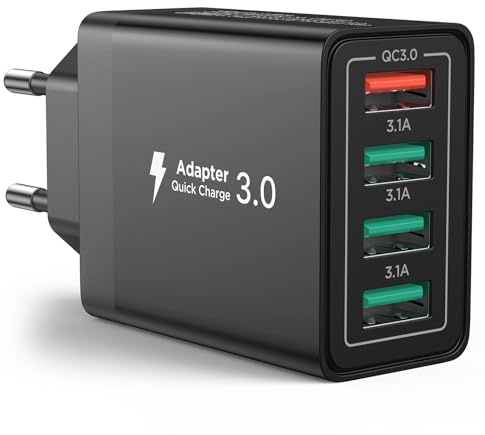 Caricatore USB, 4 Porte Caricatore USB da Muro 40W QC 3.0 Carica Rapida CaricabatterieUSB Multiplo Alimentatore PresaUSB per Samsung Galaxy S21 S20 A71 A51, iPhone 15 14 13 12 11 X, Xiaomi, Huawei