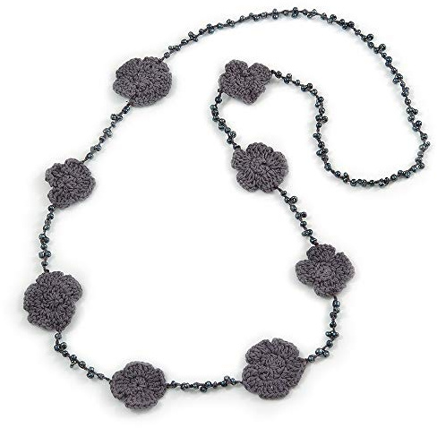 Avalaya Collana lunga con perline di vetro all'uncinetto, motivo floreale, colore grigio, lunghezza 104 cm