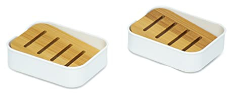 simplywire – Confezione da 2 – Portasapone in Plastica con Vassoio inclinato in Bambù Naturale - Portasapone da Bagno - Plastica Bianca