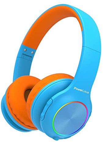 PowerLocus Kinderkopfhörer Bluetooth, Kinder Kopfhörer Kabellos mit LED-Leuchten und 94DB Lautstärkebegrenzung, Faltbare Kopfhörer, HD Stereo, Micro SD,Eingebautes Mikrofon für Schule/Laptop/Handy/TV