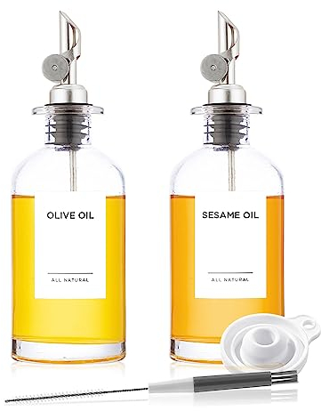 Silver Oil Dispenser Set, 2 Pcs Olive Oil and Vinegar Dispenser Bottle for Kitchen w. 54 Minimalist White Labels,Reusable Cups,Glass Bottle Dispenser for Kitchen,Coffee Syrup,Mouthwash,11.8 oz/350 ml