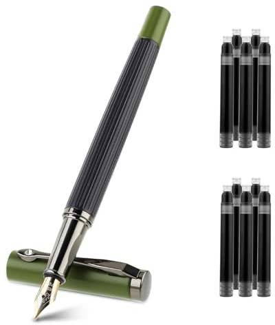 Amaxiu Metal Black Fountain Pen Set, 0.5mm Fine Nib Fountain Pen with 10 3.4mm Ink Cartridges and 1 Converter Smooth Writing Luxury Calligraphy Pen Office School Supplies Gift(Green)