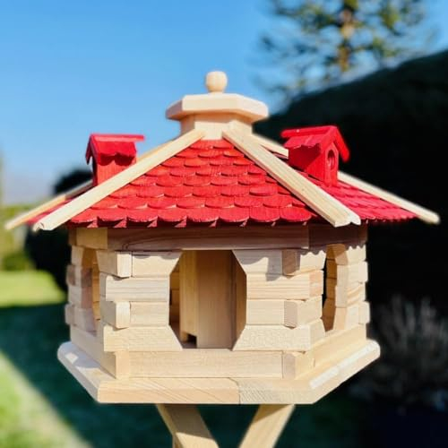 Darlux Vogel Futter Haus XL Sechseck Holz Vogelhaus Futterspender Natur/Rot