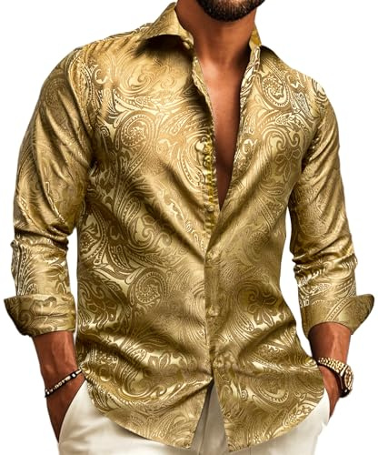 Barry.Wang Chemise habillée en soie pour homme - Motif cachemire floral - Manches longues - Grande et grande taille - Pour fête de mariage - Chemises décontractées et formelles, Cachemire doré, S