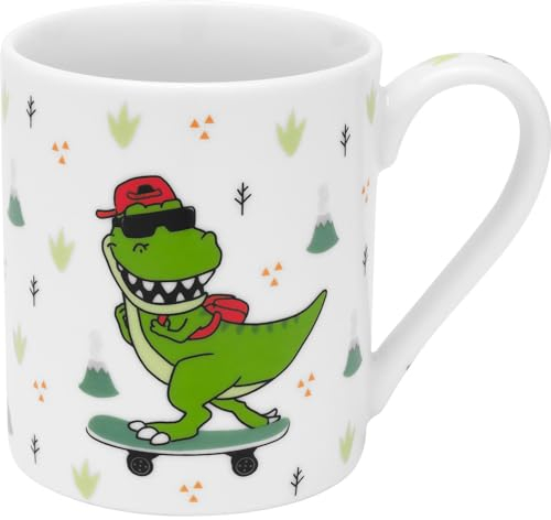 GRUSS & CO Kindertasse Motiv Dino | Porzellan, 22 cl, Höhe 8 cm, Geschenkbanderole | Geschenk, Schule, Kindergarten, Kindergeburtstag | 48841