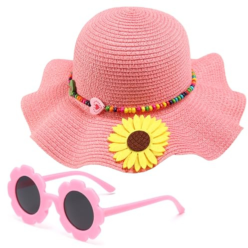 Girls Straw Hat with Flower Round Sunglasses, Summer Foldable Large Brim Sunflower Bowknot Beach Toddler Straw Sun Hat, 2-6T Pink
