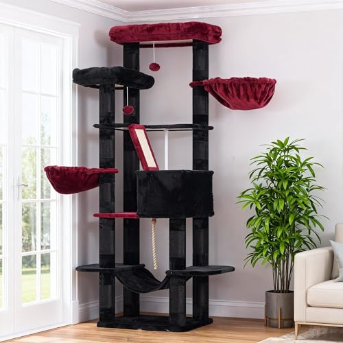Heybly Albero Gotico Tiragraffi per Gatti, Altezza 173 cm in Truciolato e Corda in Sisal, con 2 Condomini Posatoi, 1 Grotta, 1 Amaca, 2 Cesto, 2 Pompon, Multilivello, Nero Rosso HCT025BR