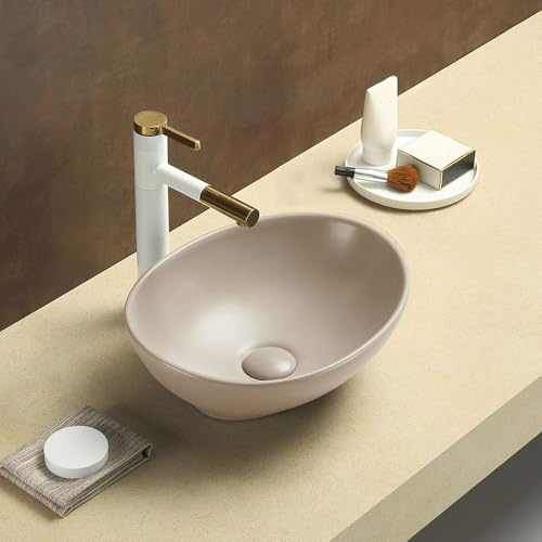 MILANO Sand Oval Countertop Bathroom Basin Sink 405 x 330mm | Ceramic Construction. Oval Design. Contemporary Style. Countertop Installation. Not Fitted With Tap Holes.