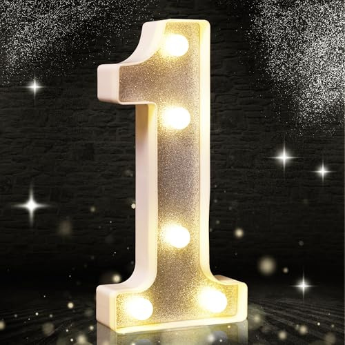 Lumière LED en forme de chiffre 1 à paillettes argentées, convient pour décoration de fête d'anniversaire, fête prénatale, arrière-plan de mariage, décoration d'intérieur, 21,6 cm (blanc chaud)