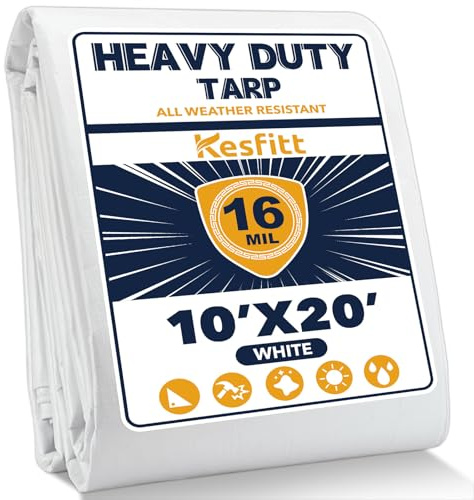 Kesfitt 16 Mil Heavy Duty Waterproof White Tarp, 10x20 ft, 100% Virgin Polyethylene, Reinforced Grommets, UV Resistant Outdoor Tarp for Storm Protection, Equipment Cover & Backyard Use
