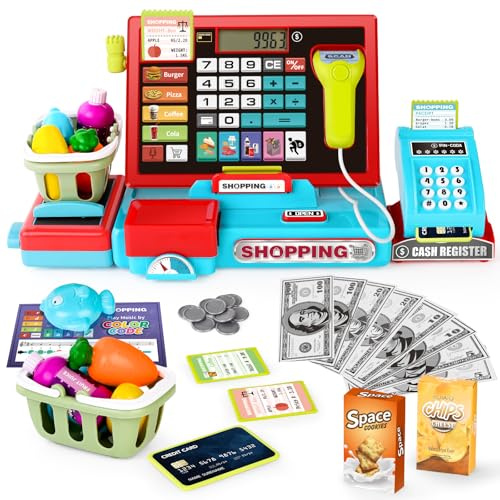 Kids Cash Register with Scanner, Role-Play Toys for Children 3-8 | Microphone, Shopping Basket, 52 Shop Accessories,Play Money, Pretend Play Children's Cash Register (Blue)