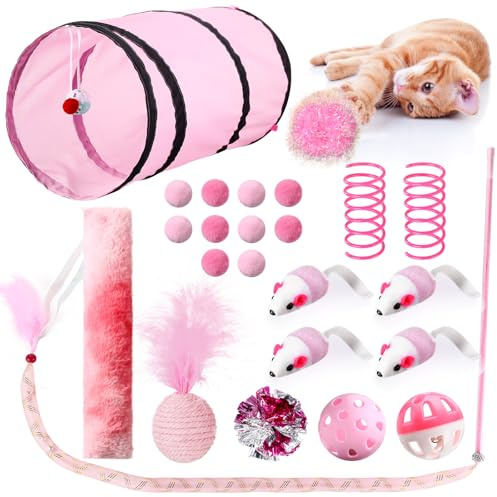Foilswirl 24 Pcs Cat Toys Set Interactive Kitten Toys Pack Including Collapsible Play Tunnel Feather Teaser Wand Fuzzy Ball Springs Pillow Mouse Bells for Indoor Cats Puppy(Pink)