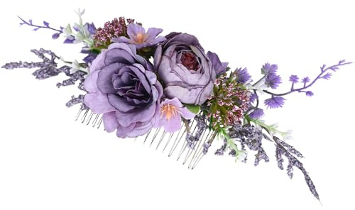 PartyforU Peigne à cheveux à fleurs violettes pour femme, fait à la main pour mariage, demoiselle d'honneur, bal de fin d'année, fête prénuptiale, séance de maternité