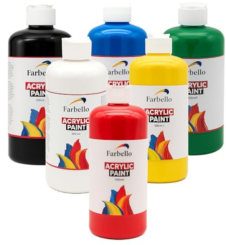 Farbello Acrylfarben Set 6x500 ml – Großpackung mit 3 Liter Künstlerfarbe, Hochpigmentiert & Wasserfest – Profi Acrylfarbe für Atelier, Schule & Großprojekte (6 Grundfarben)