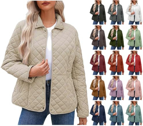 Dyhxuan - Chaqueta acolchada para mujer, ligera, de invierno, con cuello de solapa, chaqueta de entretiempo cálida, de otoño, de un solo color, chaqueta de otoño con bolsillos, tallas grandes