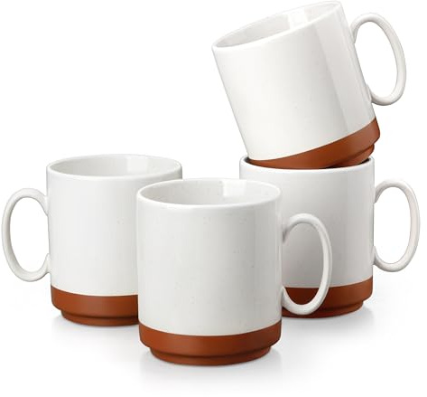MALACASA 16oz Ceramic Coffee Mugs Set of 4, Stackable Coffee Cups with Straight-Sided Design, Mugs for Coffee, Latte, Tea, Hot Chocolate, Cappuccino and Cocoa, Microwave & Dishwasher Safe, Khaki White