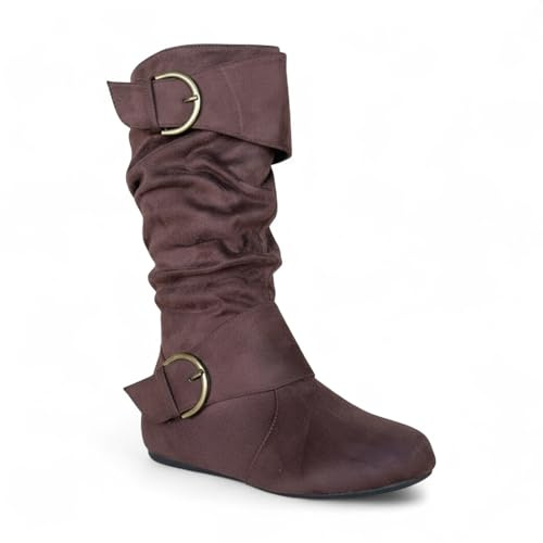 Women Round Toe Buckle w/Side Zip Slouch Flat to Low Heel Mid-Calf Boots, Brown Suede, 9