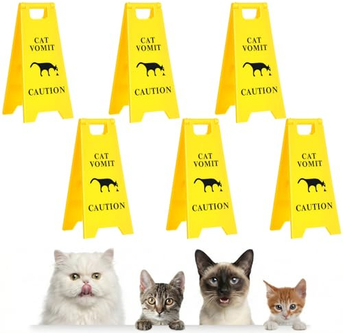 6 stycken Cat Vomit Caution tryckt på båda sidor roliga dekorativa varningsskyltar, rolig miniskylt för bord, perfekt present till älskare av