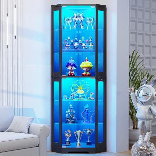 BROTTAR 71 Corner Display Cabinet with Glass Doors & 3 LED Lights | 6 Tier Glass Display Cabinets with Glass Shelves,Human Body Sensor,Showcase Display Case for Collectibles,Black