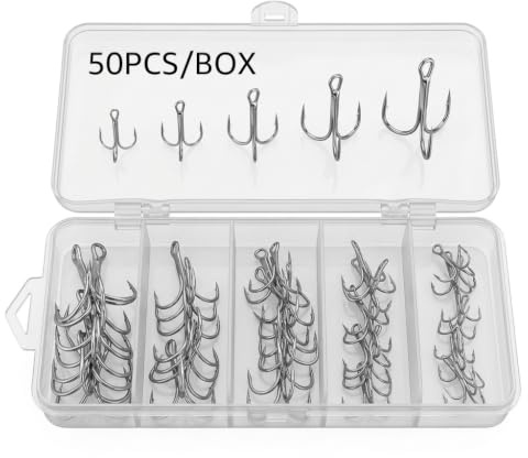 Hameçons Triples Pêche 50 Pièces, Hameçon Triple Argenté en Acier Carbone, Coffret Hameçons Triples Eau Douce et Eau Salée, Tailles 2/4/6/8/10 pour Pêche Carnassier