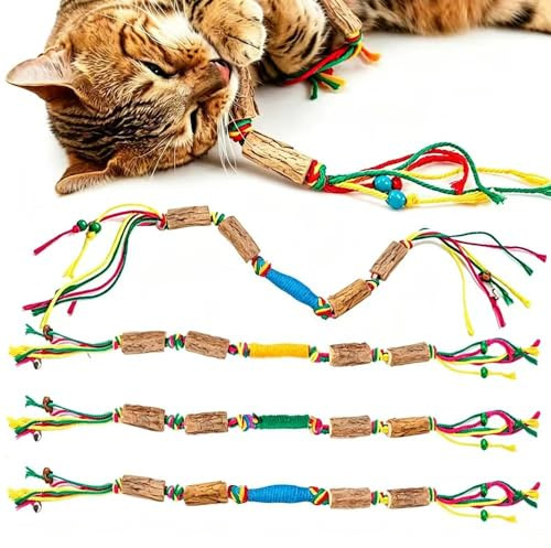 Matatabi Giocattoli per gatti, 4 bastoncini di erba gatta, bastoncini di erba gatta in legno Silver Vine con corda di cotone, bastoncini da masticare per la cura dentale e l'occupazione dei gatti