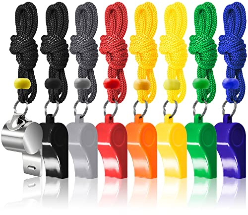 FineGood 8 Packs Coaches Referee Whistles with Lanyards, Colorful Plastic and Stainless Steel Football Whistles for Sports Lifeguards Survival Emergency Training