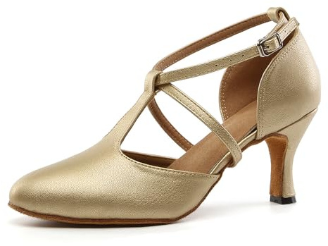 SWDZM Zapatos de Baile Latino para Mujer Punta Cerrada Salón Salsa Chacha Carácter Zapatos de Baile,L272,Talón-6cm,Oro,41EU