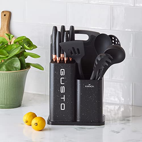 Karaca Gusto Knife, Chopping Board and Kitchen Utensil Set with Stand, 12 Pieces, Stainless Steel Knives, Pasta and Serving Spoons, Slotted Turner, Skimmer, Ladle Utensils, Black