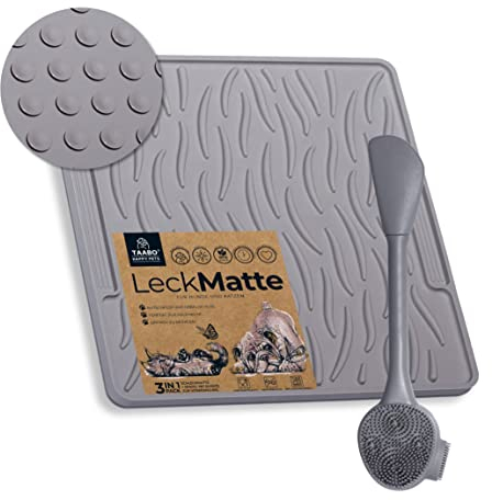 TAABO - Leckmatte inkl. Spatel mit 64 Saugnäpfen für Hund & Katze aus lebensmittelechtem Silikon (20x20cm) - Schleck-Matte zur Beschäftigung - Hunde & Katzen Leckerli-Matte BPA-Frei, Spülmaschinenfest