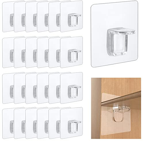 Lot de 24 Supports d'étagères Autocollants, 6 x 6 cm Chevilles de Support d'Étagère, Transparent D'étagère Supports Adhésifs, Supports Muraux Adhésifs Sans Perforation pour étagères Placard Penderie