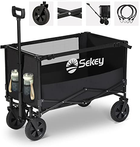Sekey XXL Bollerwagen Faltbar 160L 100KG Belastbar, Faltbarer Bollerwagen Geländetauglich, Klappbarer Handwagen Strand Camping Einkaufen, XXL-Sieger 3011, Schwarz