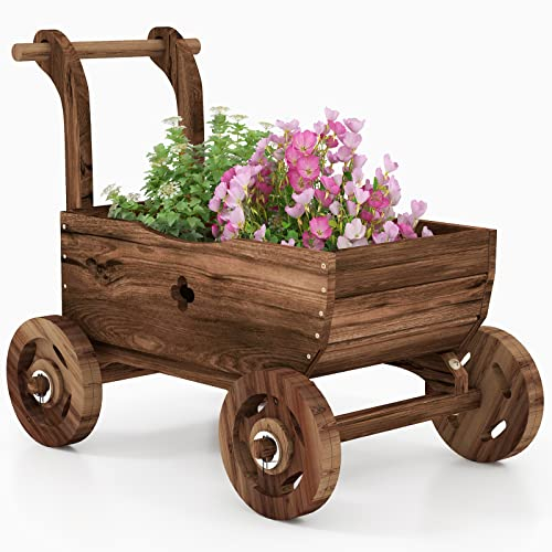 RELAX4LIFE Carretilla de Madera de Abeto con Mango y 4 Ruedas Giratorias, Carrito Vintage con Agujeros de Drenaje para Jardín, Patio Trasero, Balcón, Maceta de Madera, 68×38,5×53,5cm, Marrón