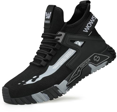 WOWSTICK Lightweight Work Safety Steel Toe Sneakers, Slip Resistant Breathable Light Construction Tennis Shoes, W27 Black 40