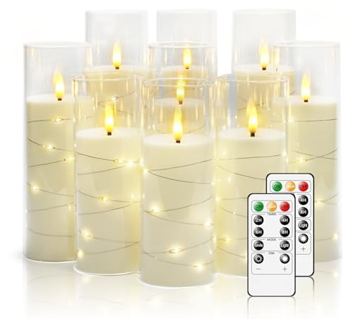 Nimiko Flickering Flameless LED Candles, 9 Pcs with Embedded Star String, Acrylic LED Pillar Candles with Remote, Suitable for Home Decoration (White)