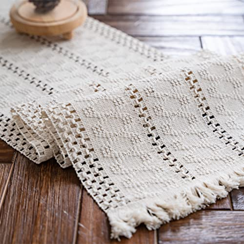 Weldomcor Beige Makramee Tischläufer Boho Baumwollflachs Tischläufer mit Quasten, Rechteckige Häkelspitze Mesh Tischdecke für Küche Vintage Bauernhaus böhmische Hochzeit Tabletop Dekor, 30x275cm