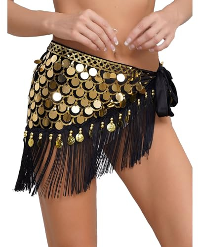 Alvivi Jupe De Danse Orientale Femme Paillettes Ceinture Foulard De Danse du Ventre Scintillant Echarpe De Belly Dance Samba Costume Spectacle Or Taille Unique