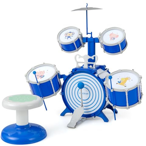 COSTWAY Kinder Schlagzeug Set, Trommel Set mit Hocker, Notenständer & Fußpedal, Schlaginstrument Drum Set für Kinder ab 3 Jahren