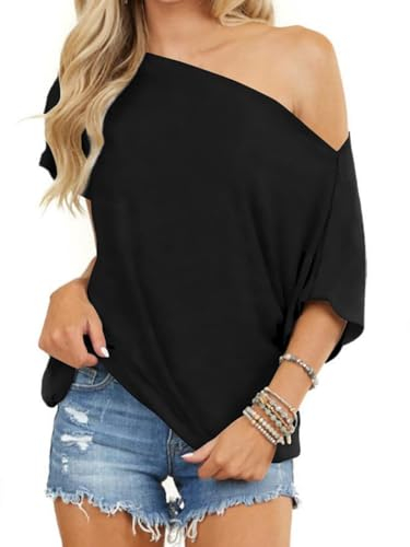 Eniloyal One Shoulder Oberteil Damen Oversize Tshirt Elegant Sexy mit Fledermausärme Schulterfrei Tops Shirts Kurzarm Sommer Schwarz S