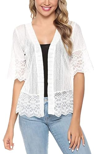 Qianderer Women Lace Shrug Bolero Jacket Open Front Mesh Cardigan Top Sheer Patchwork Sheer Summer Beach Cover Up